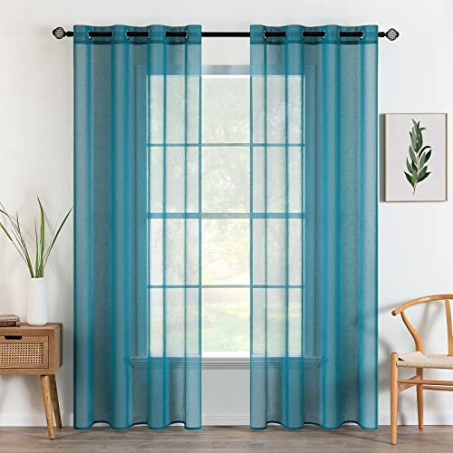 MIULEE 2 Panneaux Rideaux Voilages à Oeillets en Effet Lin Voilage Fenêtre Transparent Rideau Salon Moderne Voilage Petite Décor Cuisine Chambre Balcon 140x215 cm Bleu Clair