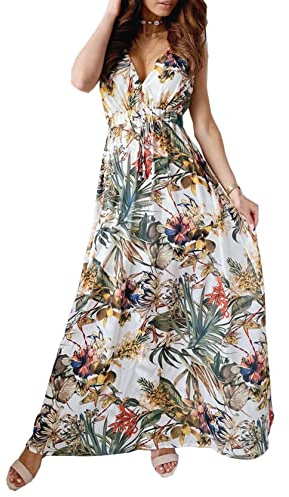 TOPLAZA Robe de Plage Longue Femme Décolleté en V Impression de Plantes Tropicales, Blanc, S