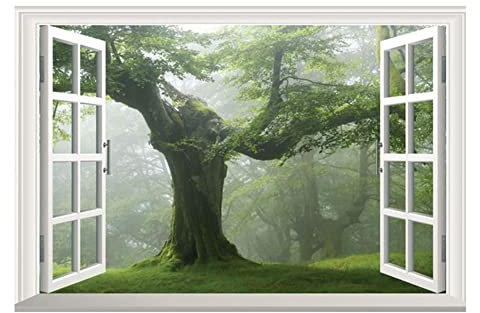 Lichi Removable Wall Sticker, 3D Forest Landscape Decal, Peel & Stick Mural, Fake Window View Self-Adhesive Wallcovering, Bedroom Living Space Kindergarten Decor, Realistic Tree Photo Wallpaper Art
