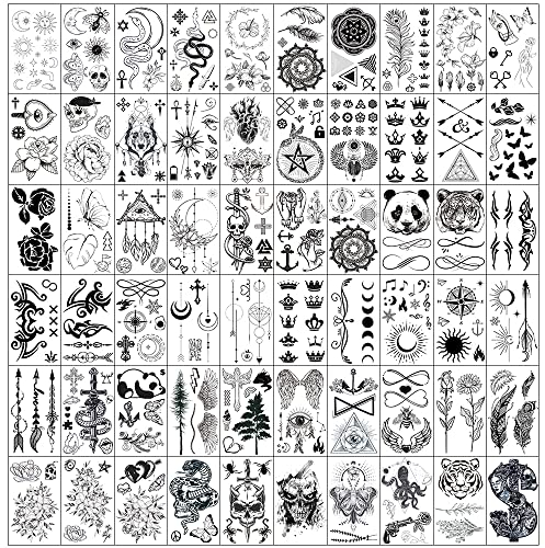 330+ tatouages temporaires noirs réalistes pour adultes, 60 pièces de tatouages de serpent squelette vintage, couronnes, flèches, étoiles de lune, fleurs de ligne, papillons, autocollants de plumes