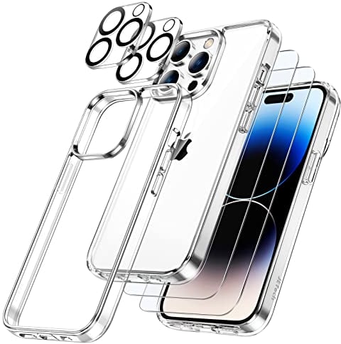 JETech 5 in 1 Cover per iPhone 14 Pro 6,1 Pollici con 2 Pellicola Protettiva e Protezione Fotocamera, Custodia Anti Ingiallimento e Vetro Temperato Film a Copertura Totale (Trasparente)