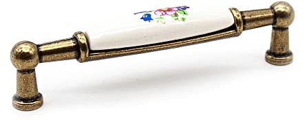 DOJA Barcelona | Tiradores Vintage | 4 Tiradores Antiguos Motivo Flor de Primavera | 106 * 26 * 19 mm | Zinc-Aluminium y Porcelana | Tirador para Cocina, Tirador Armarios, Manija Cajones...