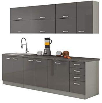 Mirjan24 Küche Multiline IV, 260 cm Küchenblock/Küchenzeile mit Arbeitsplatte und Spülbecken, 7 Schrank-Module frei kombinierbar (Grau/Grau Hochglanz; ohne Beleuchtung)