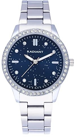 Radiant - Universe Kollektion - Analog Quarzuhr - Armbanduhr für Frauen. Silbernes Armbanduhr mit blauem Zifferblatt, silbernem Armband und glänzenden Steinen auf der Lünette. 3ATM.