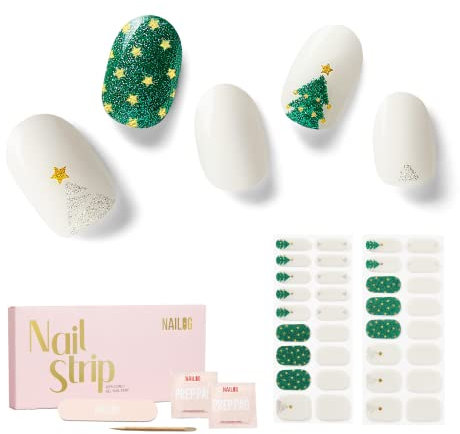 NAILOG Christmas Semi Cured Gel Nail Strips, 34 pcs UV/Led Lamp Glossy & Long Lasting Soft Gel Finish Wrap, Twinkling Trees