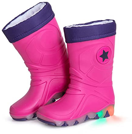 Stivali per la Pioggia per Bambini | Wellington con Fodera Calda Rimovibile | Suole con Effetti Luci LED | Dettagli Catarifrangenti 3M™ Scotchlite™ | Fatti in Italia (28-29 EU - Fuxia/Viola)