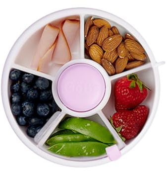 GoBe Kids Snack Spinner Bundle with Hand Strap and Sticker Sheet - Reusable Snack Container with 5 Compartment Dispenser and Lid | BPA and PVC Free | Dishwasher Safe | No Spill, Leakproof