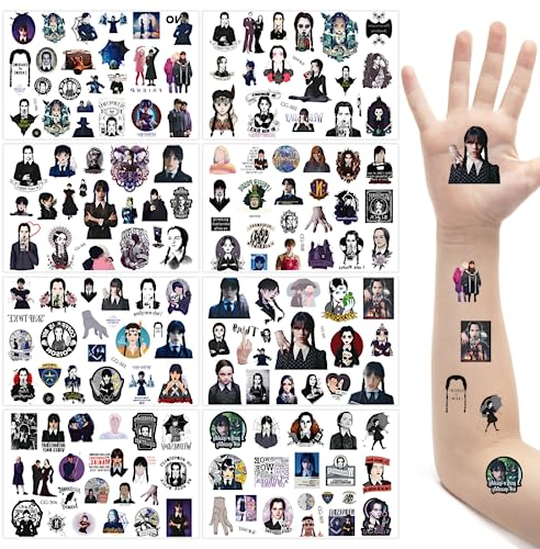 Tattoo Sticker, Wednesday Aufkleber Set Kinder, 8 Blätter Kinder Tattoo, Aufklebe Tattoos Set, Temporäre Tattoos Set, Waterproof Stickers