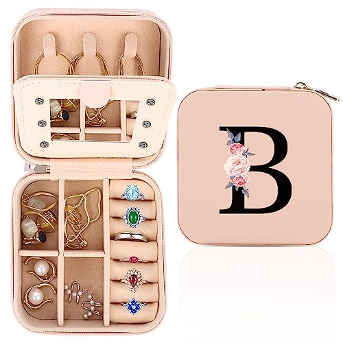 WALLFID Travel Jewellery Box,Alphabet Jewellery Organiser,Portable Jewellery Box,Small Travel Jewellery Storage Case with Mirror,Birthday Gift for Women,Mothers Birthday Valentines Day Gift Ideal(B)