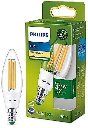 Philips Classic ultraeffiziente LED-Lampe mit Energieeffizienzklasse A, ersetzt 40W, E14 Sockel, Kerze, klar, warmweißes Licht (2700K), 1er Pack, alte Generation, Warmweiß