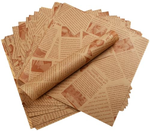 200 Greaseproof Paper Sheets for Food Basket & Plate Liners 10 x 10 Inch Old Newspaper Style Food Wrapping Deli Paper for Burger French Fries Bread Sandwich Fish and Chip Wrapping (Brown)