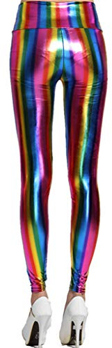 Hologramme métallique Arc en Ciel Leggings Paillettes néon Collants Rayures imprimé Taille Haute Pantalon de Yoga Simili Cuir Party Clubwear Arc en Ciel coloré