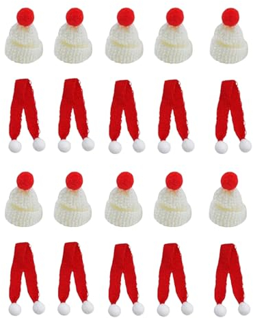 20/30 Stück Mini Weihnachtsmütze Und Schal Set, Weihnachtsmann Strickmütze Bestecktaschen, Mini Nikolausmütze Weihnachtsschal Tischdekoration Für Weinflasche, Besteckhüllen, Puppenhaus Deko (Weiß)