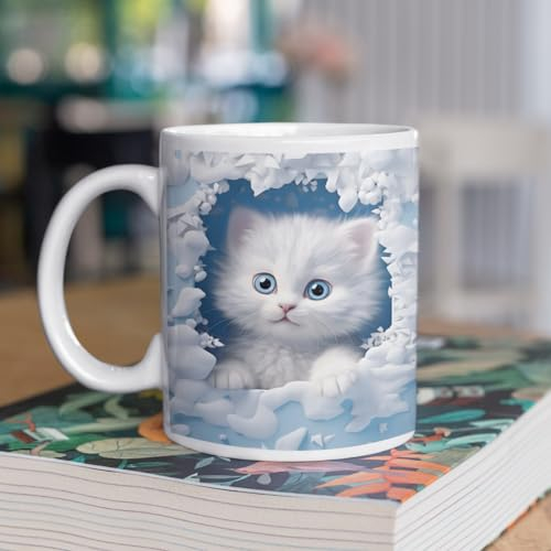 3D Cute Animal Mug | Creative Design Ceramic Coffee Mug | Cool Blue Cat Mug | 3D Effect Crack Mugs Xmas Christmas Funny Gift Presents Novelty Dishwasher/Microwave Safe Ceramic 11oz White