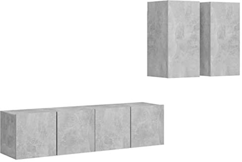 vidaXL TV Schrank Set 4-TLG. Wohnwand Anbauwand Schrankwand TV Möbel Hängeschrank Wandschrank Lowboard HiFi-Schrank Fernsehschrank Betongrau Holzwerkstoff