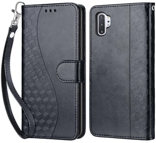 Handyhülle für Samsung Galaxy Note 10 Plus Hülle, Samsung Note 10 Plus Hülle, Premium Leder Flip Klappbare Magnetische [Standfunktion] [Kartenfächern] Schutzhülle Tasche - 3D Schwarz