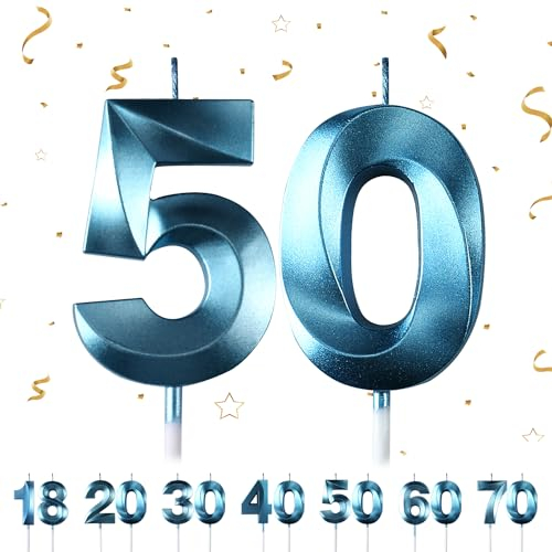 Geburtstagskerzen Zahlen 50,3D Blau Geburtstagskerzen,Kerzen Geburtstag Zahl 50, Kuchen Topper Dekoration Kuchendeko Geburtstag, Geburtstagskerzen für Geburtstagsdeko
