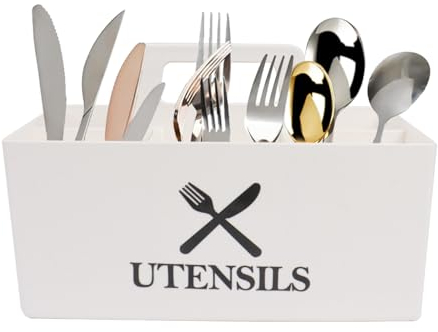 Xbopetda Utensil Holder, Kitchen Utensil Holder Flatware Caddy with 5 Compartments and Handle, Plastic Utensil Pot Cutlery Rack, Utensil Storage Rack Caddy for Pantry Party & Coutertop - Cream White