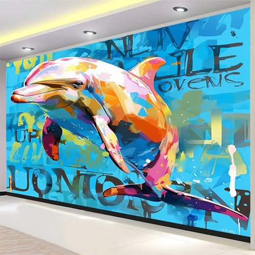 Fototapete Buntes Delphin-Doodle 200 x 140 cm Vlies Tapete 3D Effekt Moderne Wandtapete Dekoration, für Wohnzimmer Schlafzimmer TV-Hintergrund Wanddeko Wallpaper