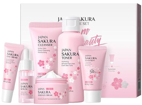 Skin Care Kit Viso, 6 Pezzi Set Per La Cura Della Pelle Ai Fiori Di Ciliegio,Set Creme Donna Regalo Adatto Tutti I Tipi Di Pelle, Cura Idratante Quotidiana,21.1x17.1x4.5cm