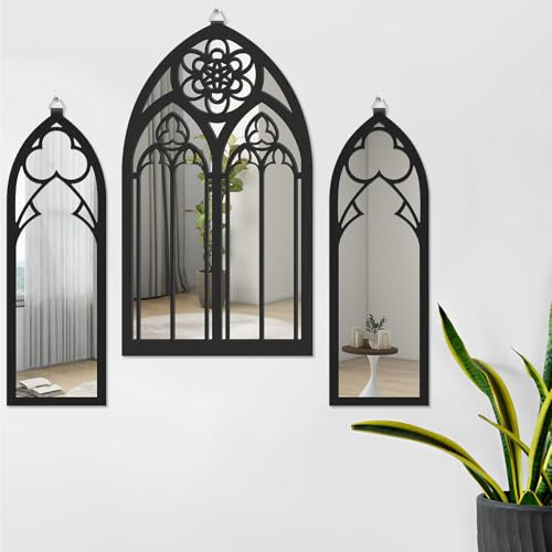 VAVPUP 3pcs gotische Spiegel Wanddekoration Gothic gewölbte Wandspiegel Vintage Kathedrale Bogenrahmen Spiegel Dekorative Gothspiegel Dekor mit hängenden Ring einfach für Schlafzimmerbad Wohnzimmer zu