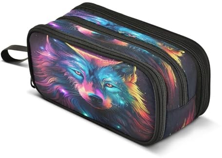 Mnsruu Magic Rainbow Wolf Große Kapazität Federmäppchen 3 Fächer Beutel Halter Schulbedarf Jungen Mädchen, mehrfarbig, Einheitsgröße, Taschen-Organizer