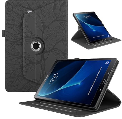 TEDTIKJT Funda para Samsung Galaxy Tab A 9.7 (SM-T550/SM-T555) Carcasa PU Cuero Protectora 360 Giratoria de ángulo Múltiple Soporte Función Flip Cover para Carcasa Galaxy Tab A 9.7, Negro Árboles