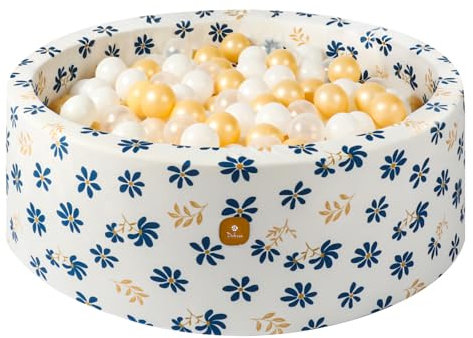 Dodozen Bällebad 90X30cm/200 Bälle ∅ 7Cm Bällepool Für Babys Kinder Rund,Superweicher Samt,Abnehmbar und waschbar,Blütenwirbel:Weiß/Transparent/Gold