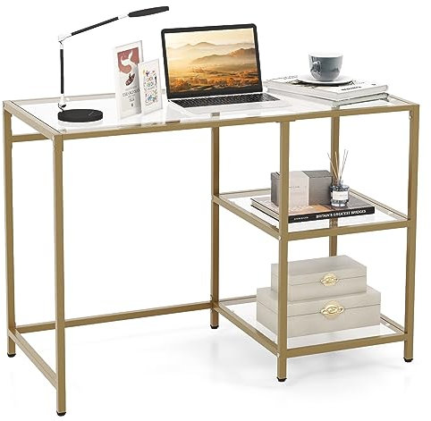 Modern Computer Desk with Tempered Glass Top and Storage Shelf Golden Metal Frame Study Table for Home Office