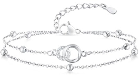 Damen Armbänder aus Kupfer mit Platin, Doppelring Armband mit Möbiusring Anhänger für Mama Ehefrau Freundin, Armkette Damenarmband Geschenk für Geburtstag Muttertag, Verstellbar 16+5cm (Weißgold)