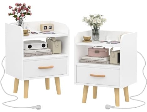 Lvhcmfohm Nachttisch 2er Set, Nachtschrank mit Steckdose, Nachtkommode mit Schubladen und 4 Beinen (Weiß, 40x30x55cm)