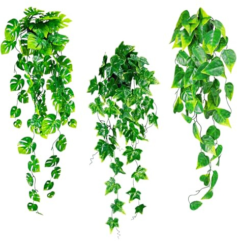 3 Stück Künstliche Pflanzen im Topf, Kunstpflanze Hängend Efeu Efeutute Wand Wohnzimmer Bad Regal Deko, Hängepflanze Künstlich Wie Echt, Plastik Pflanze mit Töpfe,Fake Plant Indoor Outdoor (Stil 2)