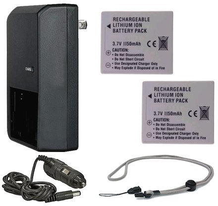Lot de 2 batteries haute capacité + chargeur de voyage AC/DC compatible avec Nikon S220 + cordon tour de cou Krusell Multidapt (finition noire)