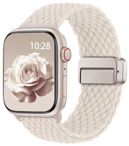 Yoohoo Braided Strap Compatible with Apple Watch Straps 44mm 45mm 46mm 49mm | Nylon Elastic Magnetic Snap Strap for iWatch Series 11 10 9 8 7 6 5 4 3 2 1 SE Ultra,Stretchy Band for Women Men,Starlight