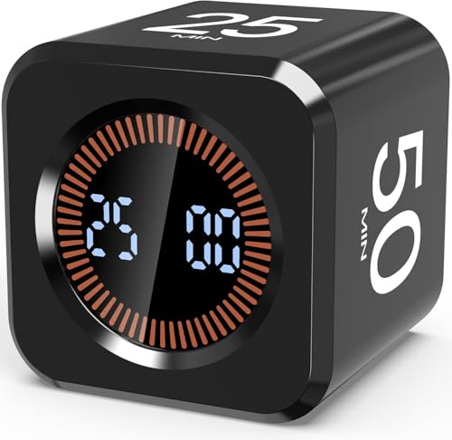 Pomodoro Timer Cube, Visueller Würfel-Timer für Kinder, Digitale LED Drehbarer Timer mit 5/10/25/50 Min & Custom Countdown, Lautlos/Ton Modi, USB-C für Lernen, Arbeit, Küche, ADHS (Schwarz)