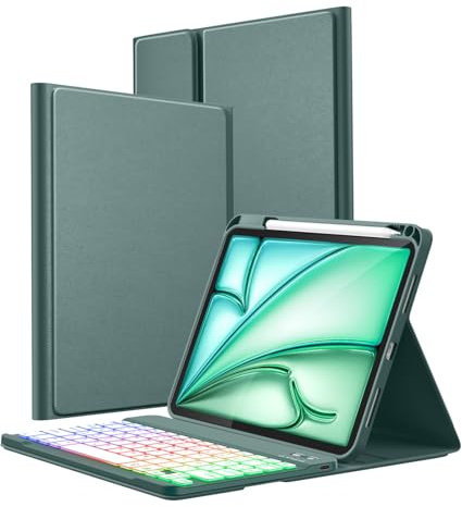 Vobafe Hülle mit Tastatur für iPad A16 11 Generation 2025/10 Gen 2022 10,9 | für iPad Air 11 Zoll M4 2026/M3/M2, Air 5/4 Gen, Pro 11 4/3/2/1, Bunte Beleuchtung,Abnehmbare,QWERTZ,mit Stifthalter,Grün