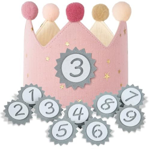 URAQT Geburtstagskrone Kinder, Geburtstagskrone Stoff, Geburtstag Kinderkrone, Krone Geburtstag für Jungs Mädchen mit Happy Birthday Spruchband und Auswechselbaren Zahlen von 1-9(Hellrosa)