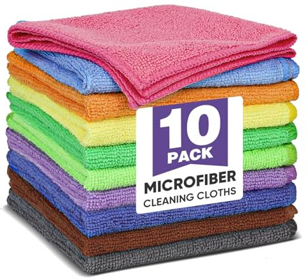TEAWOO 10 Colors Microfiber Cleaning Cloths, 10 Pack Assorted Cleaning Rags, Highly Absorbent Microfiber Towels for Car, Kitchen, Bathroom and Household Cleaning, 11.8X11.8