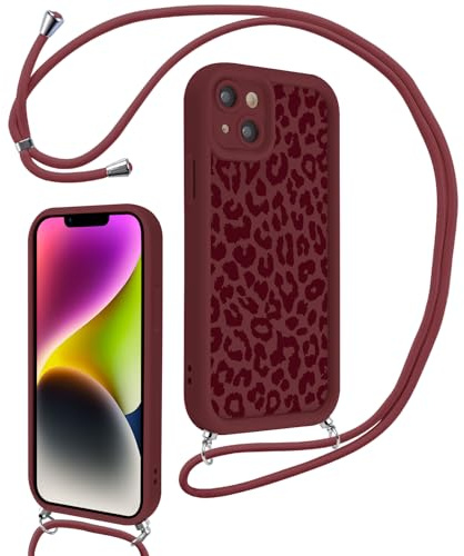 Xylota Coque avec Cordon pour iPhone 14, Aesthetic Léopard Motif Etui avec Réglable Collier Souple Silicone Corde Caméra Protection Bumper Case, Lanyard Antichoc Housse pour iPhone 14 6,1'', Bordeaux