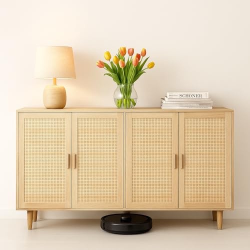 NordicLume Kommode Sideboard im skandinavischen Stil – Holz Anrichte mit Rattanfronten – 4 Türen – Viel Stauraum Wohnzimmer (Natürlich)