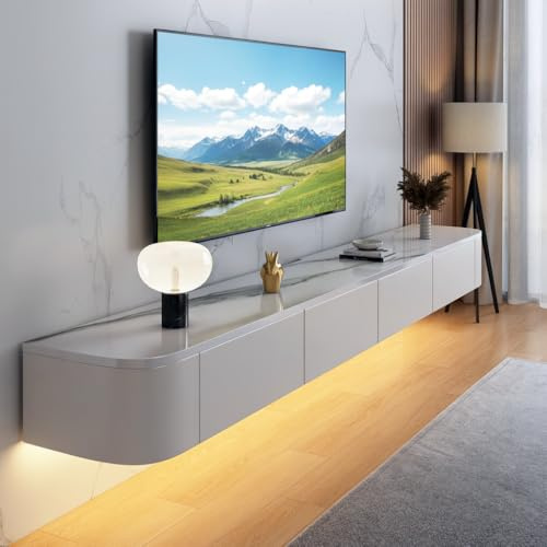 FGNIXLN Floating TV Unit,120-300CM Wall Mounted TV Cabinet, Floating TV Stand with Flip-Down Doors & Drawers, Modern TV Media Console Center Large Storage TV Bench (White texture-Led, 200CM)
