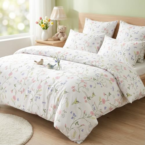 Covebett Bettwäsche 135x200 Weiß mit Rosa Blumen Vögel Botanisch Muster Bettwäsche Set Aesthetic Grün Blätter Blumenwiese Pflanzenmuster Mikrofaser Bettbezug Reißverschluss und Kissenbezug 40x80cm