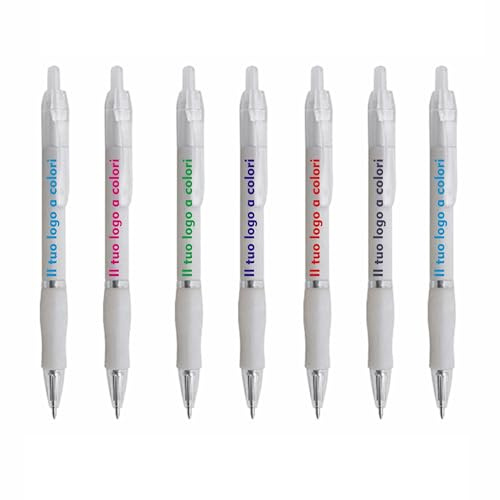 Set 100 Penne a Sfera Personalizzate con Stampa a Colori - Penna a Scatto Personalizzabile in Plastica Bianca con Grip in Gomma Colorata, Refill Nero - Gadget Aziendali e Promozionali