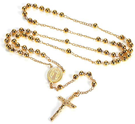 FaithHeart Katholischer Rosenkranz Gold Kreuz Kette Damen Herren Orthodoxes Halskette Benedikt von Nursia Edelstahlkette Gebetskette Katholisch Rosary Necklace Schutz Amulett Schmuck