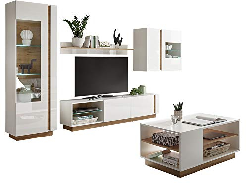Lomadox Wohnwand mit Couchtisch CELLE-61 in weiß Glanz mit Grandson Oak Eiche Nb., B/H/T ca. 315/194/40cm