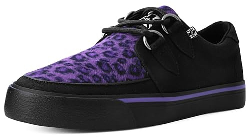 T.U.K. Vegan Creeper Sneaker - Herren & Damen Schuhe - Farbe Black Canvas & Purple Leopard Print - Puck, Goth und Rocker Style Leder und Wildleder Schnürschuhe - Größe 39