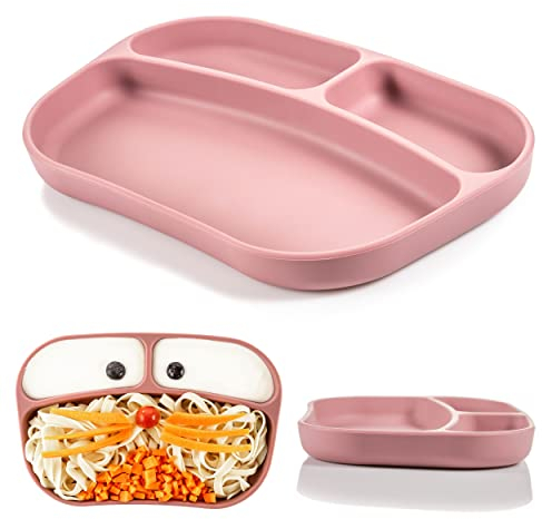 MiaMia Platos Silicona Bebe para Mesa y Trona, Plato blw, Plato de Harvard Niños, Plato Bebe Antivuelco, Plato Compartimentos para Lavavajillas y Microondas - Rosa