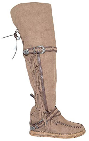 Stivali Donna Indianini Taupe Scamosciati Alti sopra al Ginocchio Frange Zeppa Interna 5 cm Cinturino Fibbia Moda (37 EU)
