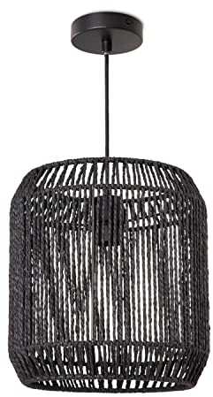 Paco Home Hängelampe Bambus Wohnzimmer Pendelleuchte Rattan Esstisch Esszimmer Lampe E27 Hängeleuchte Papier Boho, Farbe:Schwarz (Ø28cm), Leuchtenart/Farbe:Pendelleuchte - Schwarz