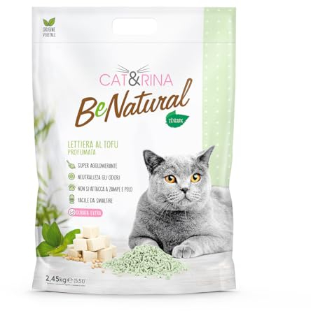 Cat&Rina BeNatural Tofu Katzenstreu, pflanzlich und stark klumpend. Biologisch abbaubar und in der Toilette entsorgbar.Bis zu 30 Tage Gebrauch. Katzenstreu mit Grünem Tee, 5,5l